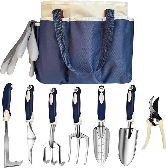 Gardening Tool Set 9-Piece Heavy-Duty Aluminum Garden Tools with Non-Slip Handles and Large Tool Bag with Storage Pockets Durable Hand Gardening Tools - Perfect Gardening Gift for Men and Wome