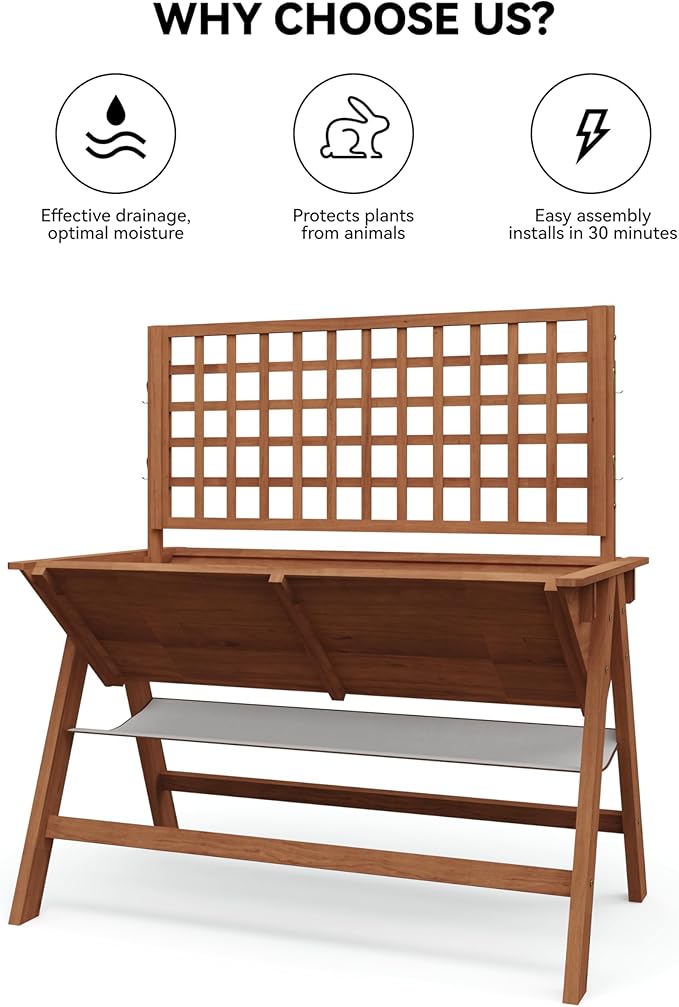 Wooden Elevated Garden Bed with Legs - 52x30x54 Inch Raised Garden Bed Vertical Planter with Trellis Suitable for Growing Vegetables Flowers and Herbs Outdoor Wooden Vertical Garden Bed