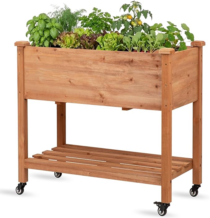 Raised Garden Bed with Lockable Wheels 32x16x32 inch Elevated Wood Planter with Storage Shelf Protective Liner for Vegetable Flower Herb Outdoor Balcony Patio Backyard Brown