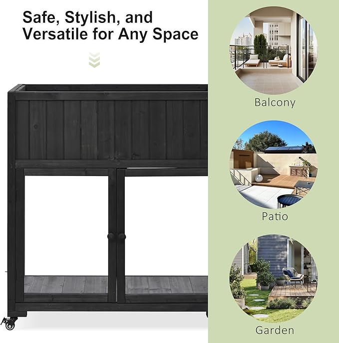 Christopher Knight Home Belfast Small Patio Cold Frame Fir Wood Greenhouse Compact 2 Doors Garden Greenhouse with Wheels Raised Bed with Liner Cold Frame Potting Cabinet for Balcony Yard Black