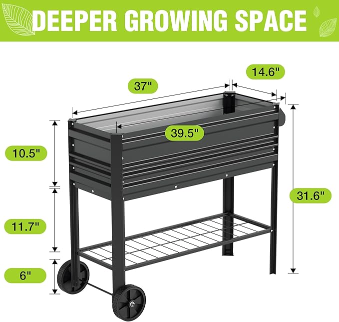 WORKPRO Galvanized Raised Garden Bed with Legs &amp Wheels 37x14.6x31.6in 400LB Capacity Elevated Planter Box for Garden Backyard Patio &amp Deck Black