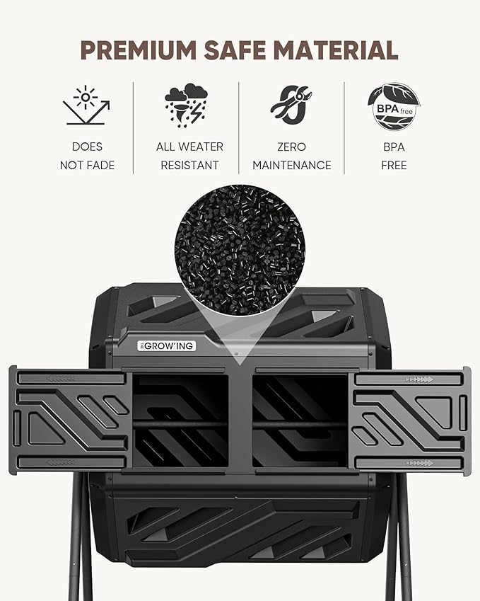 THEGROW'ING Updated 43 Gallon Compost Bin Outdoor Fast Assemble Tumbling Composter Dual Chamber Composter Tumbler Rotating Compost Bin for Outside Backyard Garden and Yard Black