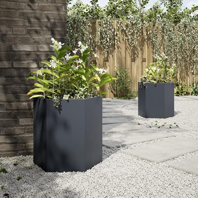 Anthracite Steel Hexagonal Garden Planter Set of 2 Large Outdoor Raised Garden Bed for Flowers &amp Vegetables 15.7x18.1x17.7in Durable Metal Planter Box