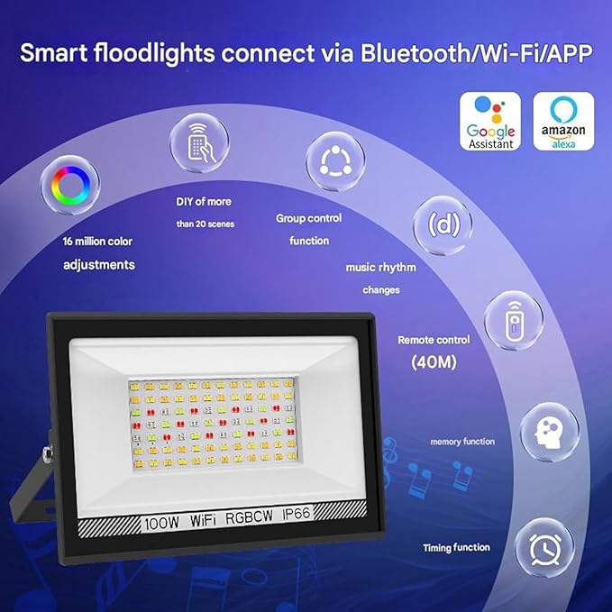 RGB LED Flood Light Outdoor 100W Equivalent Bluetooth Smart Floodlights 16 Million Color Changing Timing Music Sync IP66 Waterproof Landscape Lighting