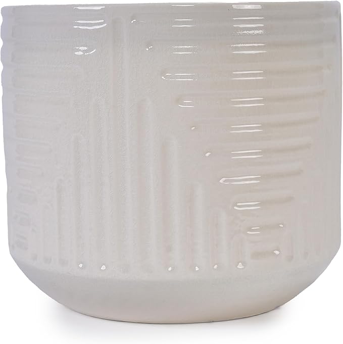 Handmade Ceramic Planter Pot 16 Inch Diameter 1 Cream White with Geometric Pattern for Monstera Deliciosa and Fiddle Leaf Fig IndoorOutdoor Doorway Use Breathable Clay