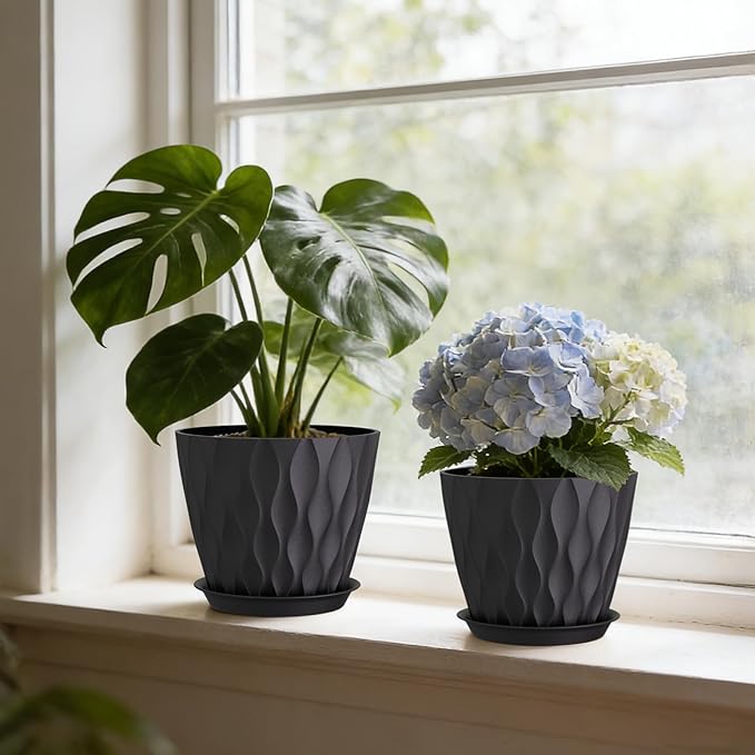 8 Inch Plant Pots with Saucers (4 Pack) - Modern Ribbed Flower Pots for Indoor Plants - Sturdy Decorative Planters for Snake Plant &amp Flowers - Drainage Holes (4 Black)