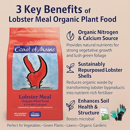 Coast of Maine LM6000 Lobster Meal Plant Food 4 LB – Natural Organic Fertilizer with Calcium for Soil Health with My Garden Pool Soil Test Strips &amp Gardening Claw Gloves