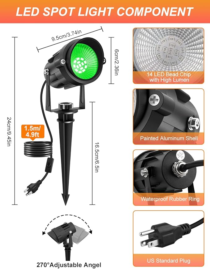 Green LED Spot Lights Outdoor 14 LED Landscape Lighting with US Plug IP65 Waterproof Spotlights for Tree Yard Garden Pathway Flag St. Patrick's Day Halloween Christmas Decor 2 Pack