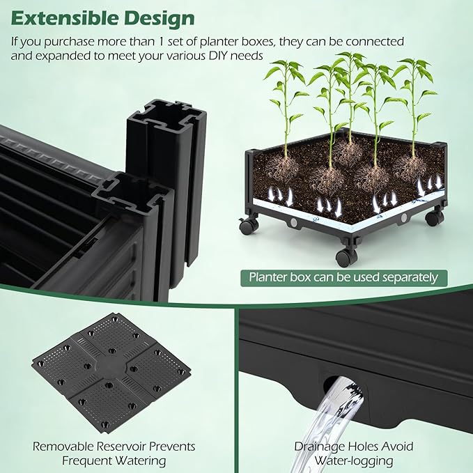 HAPPYGRILL Raised Garden Bed 81” Tomato Cage w/Self-Drainage System Adjustable Size &amp Wheels for Climbing Vine Fruits Flowers Tomato Planter Box for Indoor Outdoor Yard Lawn Patio Greenhouse (2