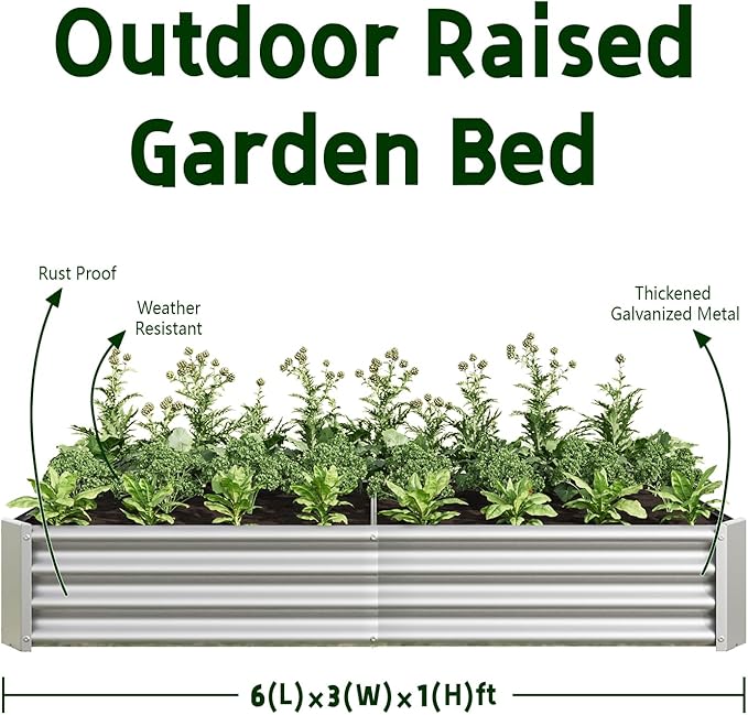 Metal Raised Garden Bed Outdoor Galvanized Raised Garden Bed 6×3×1ft Rectangle Planter Raised Beds Raised Planter Box for Gardening Vegetables and Flowers Silver