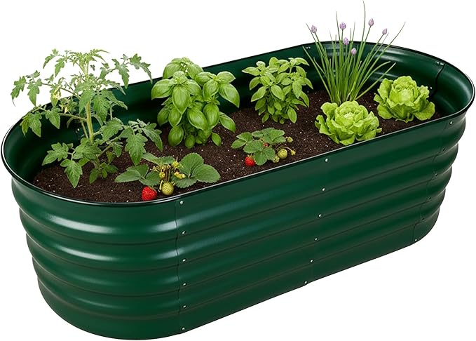 Relaxdays Raised Bed Galvanised Metal Flowers Plants &amp Vegetables H 45 x W 150 x D 60 cm Oval Plant Bed Green