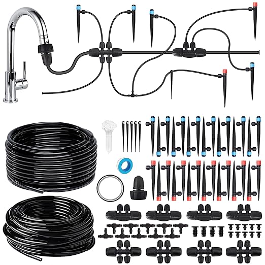 Drip Irrigation System Automatic Garden Watering Kit Quick-Connect Watering Misting Drip Irrigation System for GreenhousesYardsLawnsRaised Bedswith 98ft 1/4''&amp 49ft 1/2 Tubing and Accessori