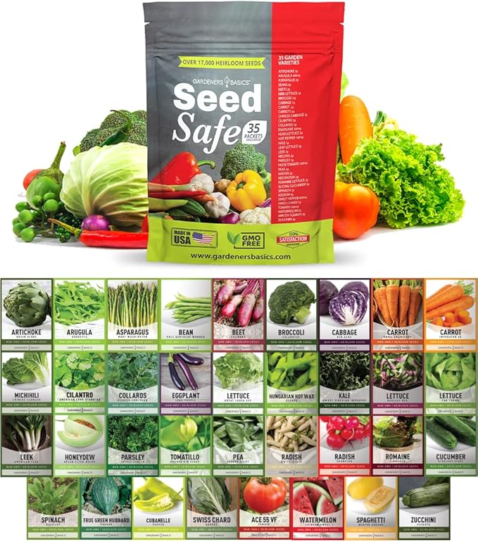 Gardeners Basics Seed Safe Kit - 35 Easy to Grow Heirloom Vegetable Seeds for Beginners - Non GMO Garden Starter Set with 17000+ Seeds - Gardening Gift for Families