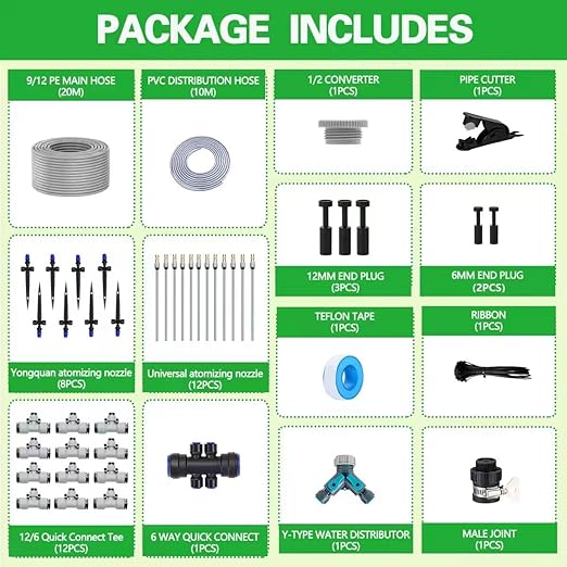 98 FT Irrigation System Kit. with 360°Fan-Shaped and Atomizing NozzleCan Be Quickly Installed and Disassembled for Garden Plant Flowerpots and Courtyard Watering Systems.