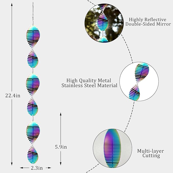 Wind Spinners Outdoor Garden Decor Gifts for Women Men Rainbow 3D Reflective Metal Wind Spinner Stainless Steel Hanging Ornament for Yard Outside Patio Porch