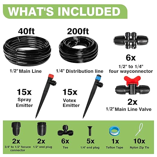 240FT Drip Irrigation System Kit New Quick-Connect Automatic Garden Watering Misting System for Greenhouse Yard Lawn Plant with 1/2 inch Hose 1/4 inch Distribution Tubing and Accessories