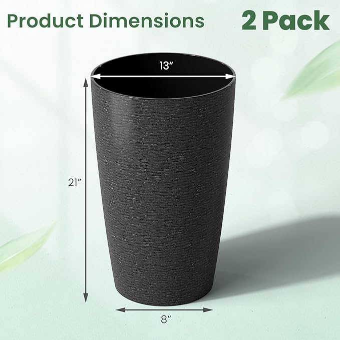 Giantex 21” Tall Plastic Planters Set of 2 Round Tapered All Weather Flower Pots with Drainage System Indoor Outdoor Stackable Decorative Plant Containers for Front Porch Home Garden (Black)
