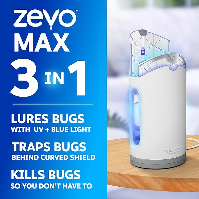 Zevo MAX Bug Catcher &amp Fly Trap for Indoors - Flying Insect Trap for Gnats House &amp Fruit Flies - Use in Any Room - No-Mess Disposal (1 Plug in Base &amp 6 Cartridges)