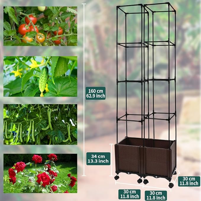 Tomato Cage with Trellis 62 H Wheeled Tomato Planter Box Outdoor for Climbing Plants Flowers Potato Vine Vegetables Portable Self Watering Raised Garden Bed for Patio Greenhouse