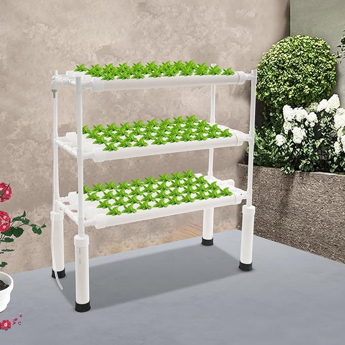 Hydroponics Growing System Kit 108 Hole Hydroponic Growing Kits 3 Layers Food-Grade PVC-U Pipes Hydroponic Grow Kit Gardening System Cycle Watering Duration Large-Holed Planting Baskets