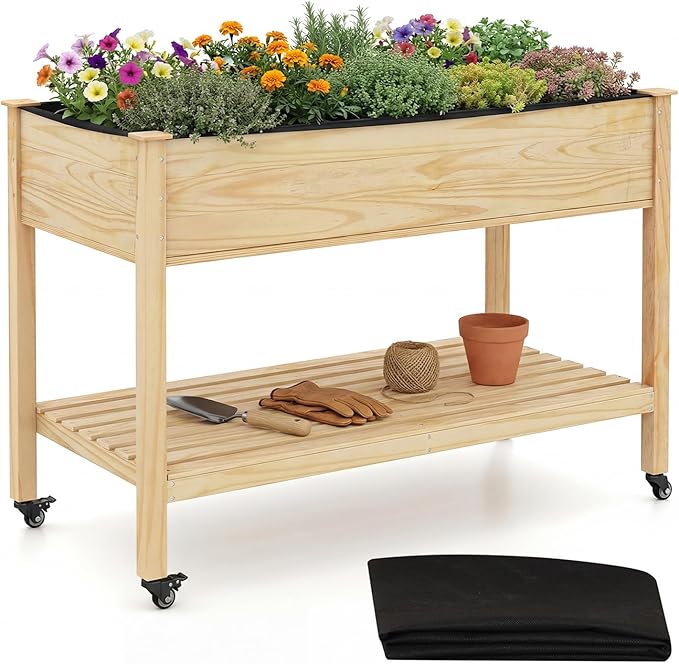 COSTWAY Pine Wood Raised Garden Bed 47 x 23 x 33 Elevated Planter Box with Storage Shelf Lockable Wheels Liner Drainage for Vegetables Flowers Herbs Yard Balcony