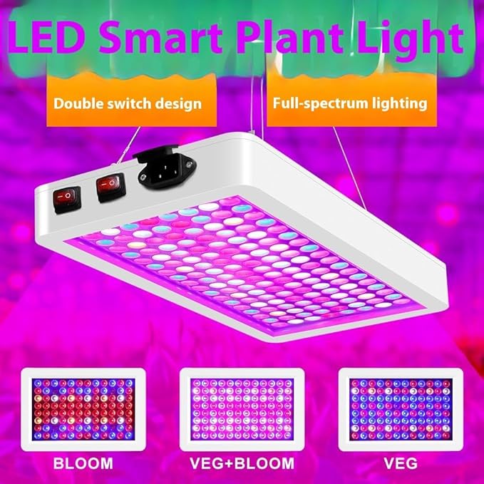 Full Spectrum LED Grow Light Panel 192 LEDs White Double Switch Design with Veg and Bloom Modes SMD2835 315x200mm Indoor Plant Growing
