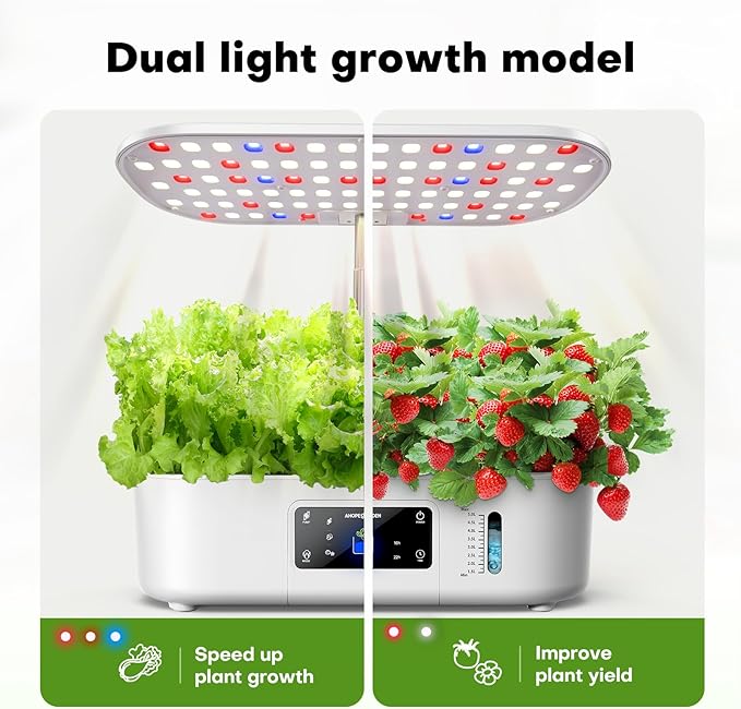 Ahopegarden Hydroponics Growing System Kit Indoor Herb Garden with Grow Light 12 Pods with LCD Touch Panel Hydroponic Planter Planting Height Up to 17 Grower Harvest Fresh Veggie Lettuce White