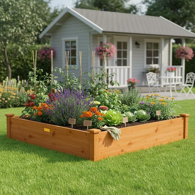 Hollyone 48 X 48 inches Wood Raised Garden Bed Frame Planters Wooden Elevated Planting Planter Box for Outdoor Herb Vegetables Flowers Grass Lawn Yard Patio - Natural Brown 4×4ft