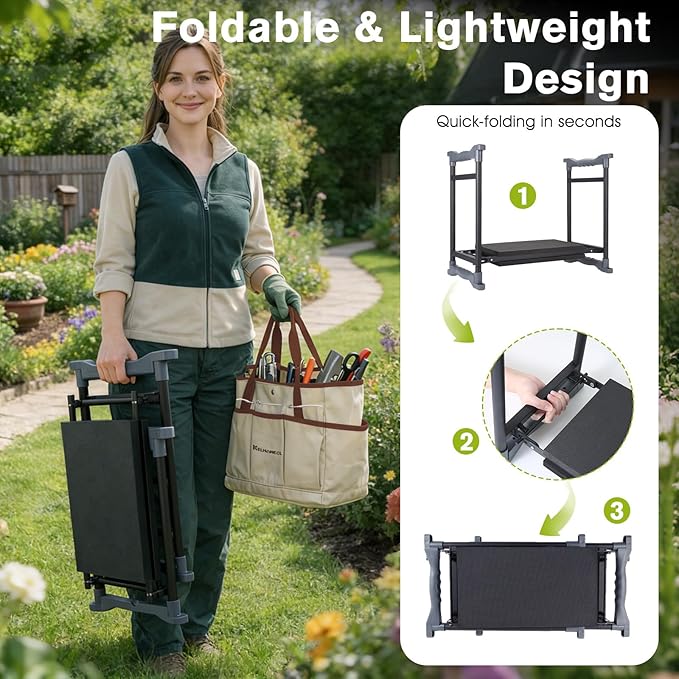 Garden Kneeler and Seat with Umbrella 2-in-1 Foldable Gardening Stool with Adjustable Bracket Detachable Tool Bags Heavy Duty Kneeling Pad for Gardening (Brown)