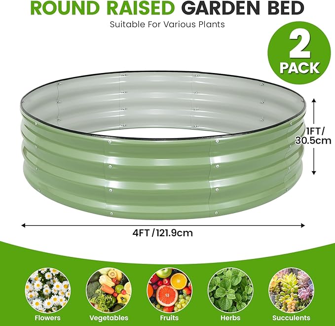 Galvanized Raised Garden Bed Outdoor 2Pcs | 4x4x1ft Metal Raised Beds for Gardening with Safety Rubber Strip | Round Planter Box for Plants Like Vegetables Fruits Flowers Olive Green