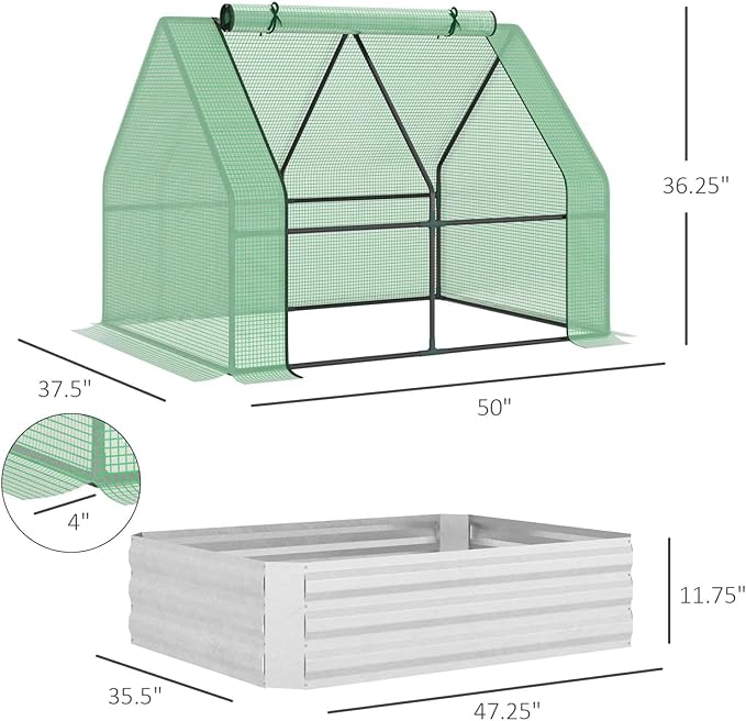 Galvanized Raised Garden Bed with Mini Greenhouse Cover Outdoor Metal Planter Box with Roll-Up Windows
