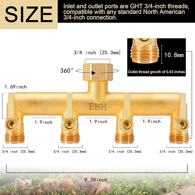 EBH Brass Garden Hose Splitter 4-Way Heavy Duty Hose Splitter Outdoor Faucet Manifold with Extended Metal Handle and Individual On/Off Valve Spout 3/4” GHT Threads
