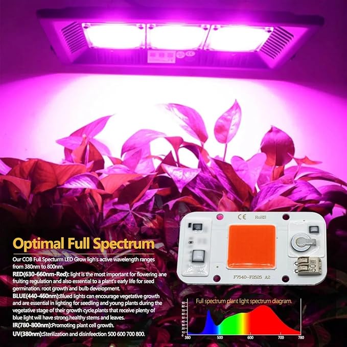 Welding Free Grow Light AC220V 50W COB LED Grow Light Chip Full Spectrum 380nm-840nm Compatible with Indoor Plant Seedling Grow Flower Tent
