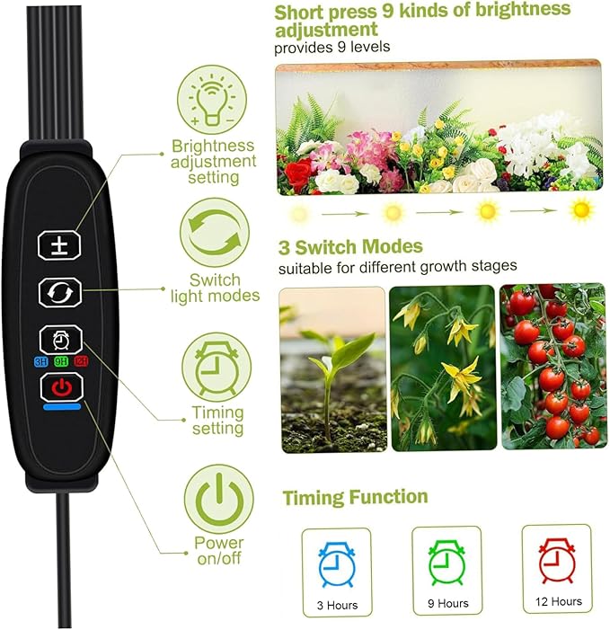 Grow Light for Indoor Plants LED Plant Growing Lamps with 3/9/12H Timer Adjustable Neck &amp Brightness for Tabletop Plants Seed Starting Herbs