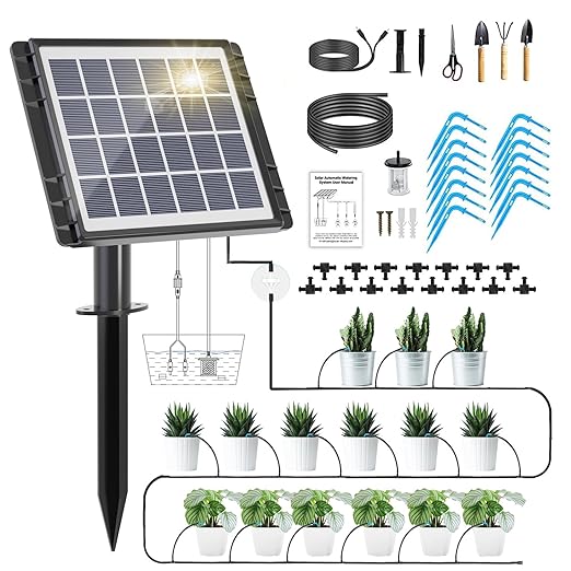 Solar Automatic Drip Irrigation Kit - 25 Timer Modes Smart Watering System for 15 Plants 900ml/min High Flow with IP54 Waterproof 49FT Indoor/Outdoor Garden Kit for Vacation &amp Busy Plant Lovers