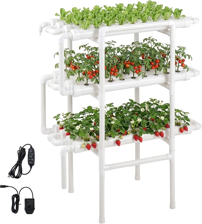 VEVOR Hydroponics Growing System Kit 3-Tier 108 Sites UPVC Pipe Hydroponic Grow Kit with Timed Irrigation Sun &amp Light Blocking Pipes Indoor Home Garden Vegetable Planting Grow Kits for Fruit He