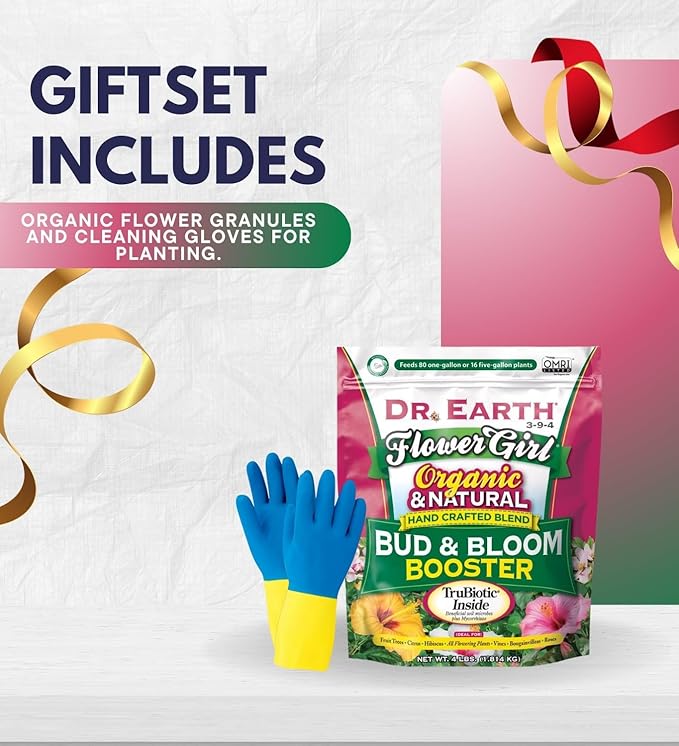 Dr. Earth Flower Girl Organic Granules Rose Citrus Plant Food 4 lb Bundle with Cleaning Gloves for Rose Fertilizer Support &amp Garden Use — Gift Set (2 Items)