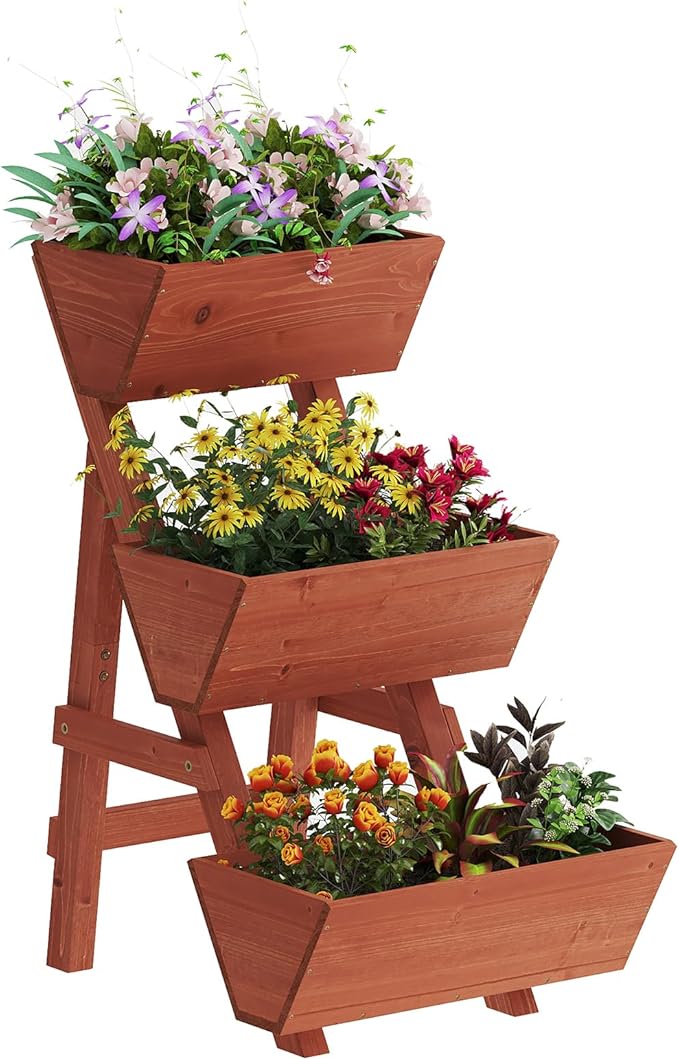 3-Tiers Wooden Raised Garden BedWood Planter Box for VegetableFlower RackFlower Pot StandsIndoor Outdoor Gardening Planting Beds (Brick red Small)