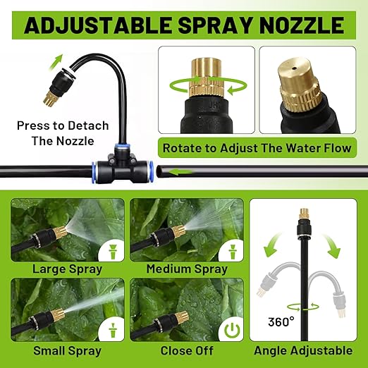 Drip Irrigation Kit - 100 FT. Hose Sprinkler System with 360° nozzles and T-connectors for Gardens lawns Plants Flower beds Trees patios and hydroponics (Closeable nozzle-20)