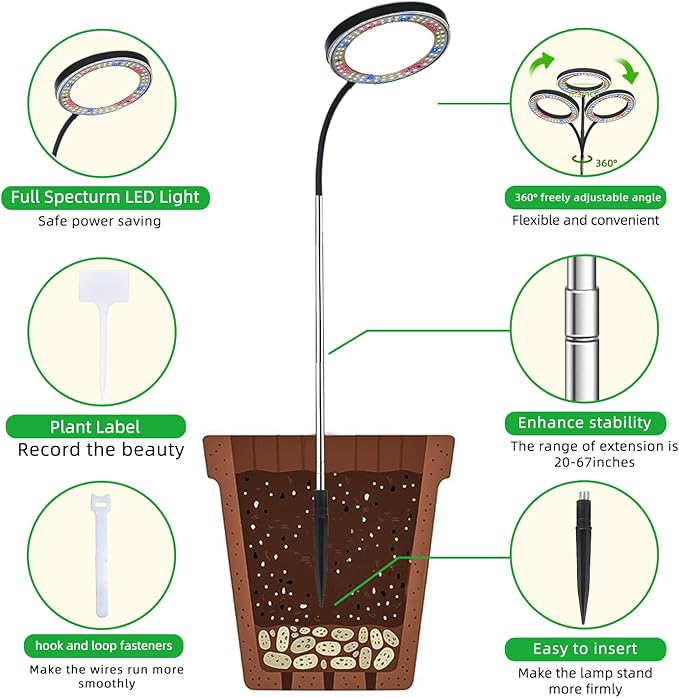Full Spectrum LED Grow Light 84 LEDs with 3 Color Modes 67in Adjustable Gooseneck 360° Rotating Head Desktop Plant Light with Timer 10 Brightness Levels (Black)