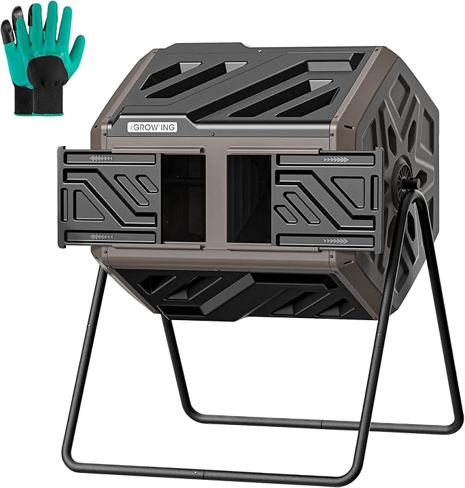 THEGROW'ING Updated 43 Gallon Compost Bin Outdoor Fast Assemble Tumbling Composter Dual Chamber Composter Tumbler Rotating Compost Bin for Outside Backyard Garden and Yard Coffee