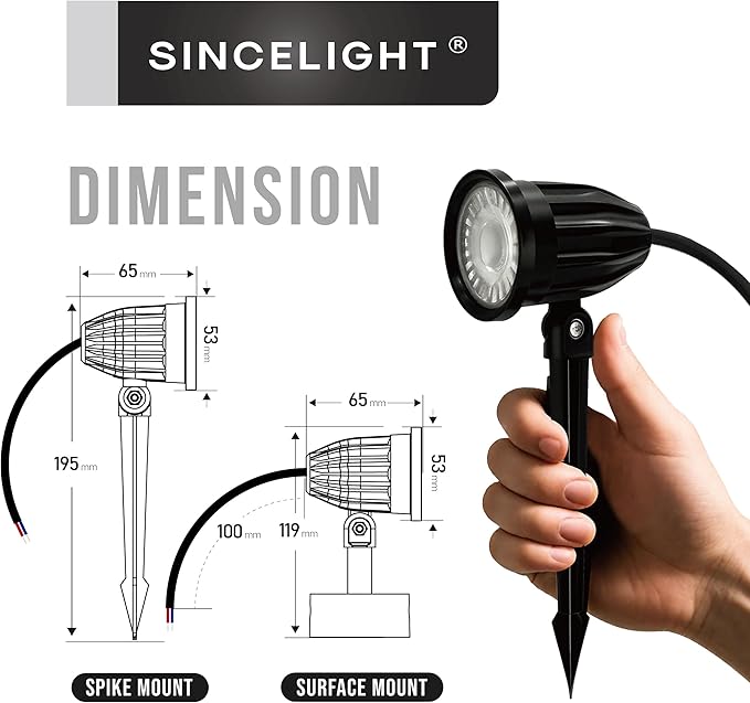 SINCELIGHT LED Spike Light 9W for Outdoors Spike/Wall/Ceiling Mount Adjustable Spotlight for Garden/Pathway/Patio/Landscape IP65 Waterproof Warm White 3000K Hardwired Pack of 2
