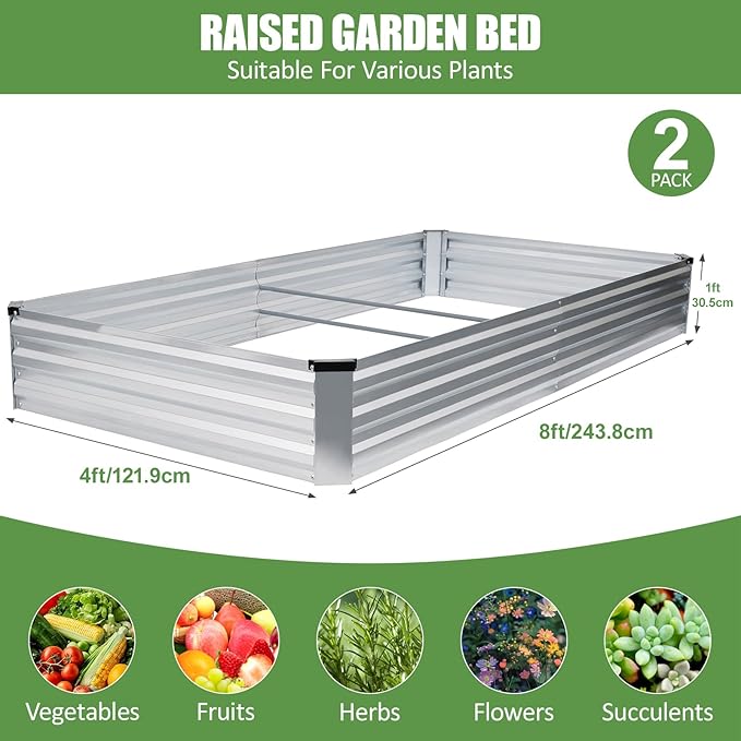 Galvanized Raised Garden Bed Outdoor | Metal Raised Garden Bed for Gardening 2Pack | Large Planter Box for Vegetables Flowers Fruits | Easy Assembly &amp Safety Design Flower Beds 8x4x1ft Silver