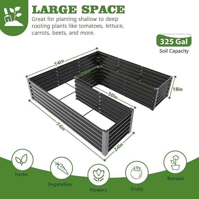 A ANLEOLIFE U-Shaped Outdoor Galvanized Raised Garden Bed 6x6x1.5ft Center-Access Bottomless Planter Box 22-Gauge Corrugated Metal Reinforced Bracing Rods Quartz Grey