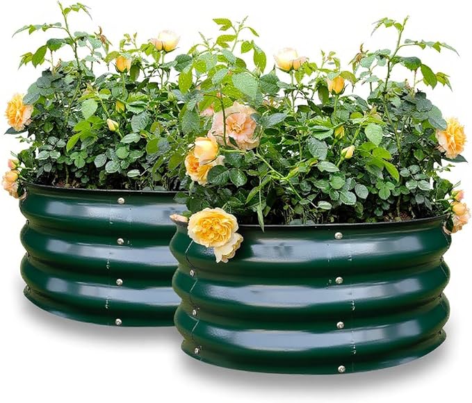 GARDMAX 2 Pack 2x2x1FT Galvanized Round Raised Garden Bed Kit Metal Planter Boxes Outdoor with Easy Assembly Large Garden Bed for Vegetables Fruits Flower Herbs Dark Green