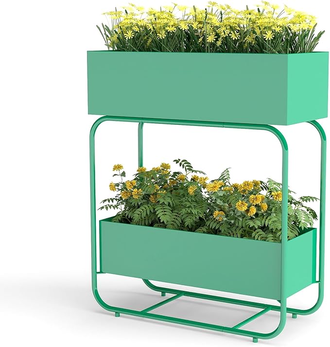 AIIT 2-Tier Metal Raised Garden Bed Planter Box with Drainage Double Layer Flower Stand for Vegetables and Herbs Indoor Outdoor