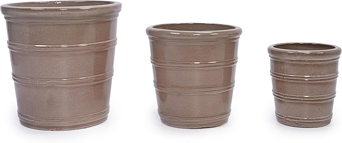 Handmade Ceramic Planter Set of 3 161310 Diameter Taupe with Horizontal Rings for Succulents Herbs IndoorOutdoor Use on Windowsill Shelf Breathable Clay