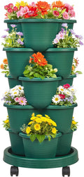 VECELO 5 Tier Vertical Garden Planter Self Watering Stackable Planters with Wheels for Strawberries Herbs Flowers Vegetables Dark Green