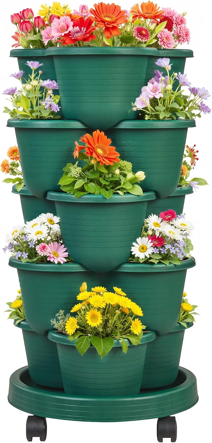 VECELO 5 Tier Vertical Garden Planter Self Watering Stackable Planters with Wheels for Strawberries Herbs Flowers Vegetables Dark Green