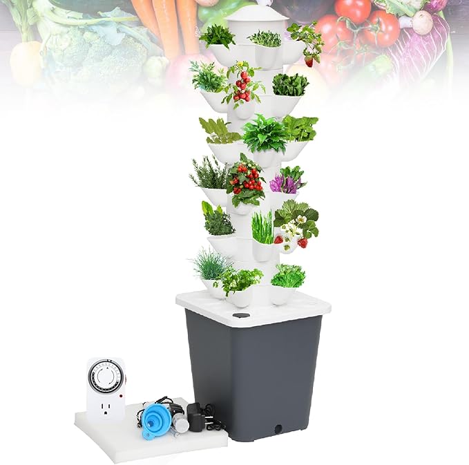 Garden Hydroponics Growing 30 Pods Hydroponics Tower Aeroponics Grow Kit Aquaponics Planting with Hydrating Pump Adapter Net PotsTim